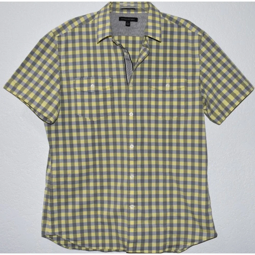 Banana Republic Shirt Mens Large Yellow/Gray Plaid Casual Button Up Short Sleeve